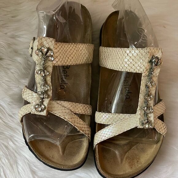 Bertula Birkenstock beige reptile prints sandals with rhinestones accents SZ40 - Picture 1 of 11